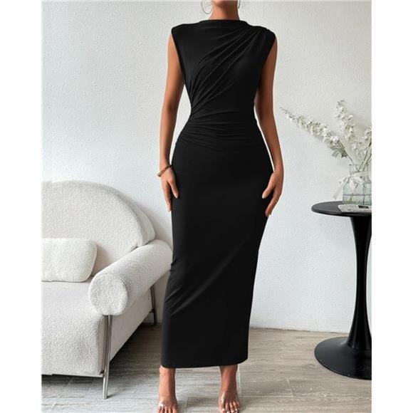 BTFBM Women's Ruched Bodycon Dress Summer Casual Sleeveless Back Slit Elegant - Picture 2 of 7